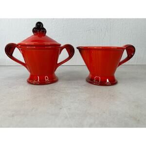 Vintage Metlox‎ Poppy Trail Red Rooster Creamer Lidded Sugar Bowl Farmhouse MCM